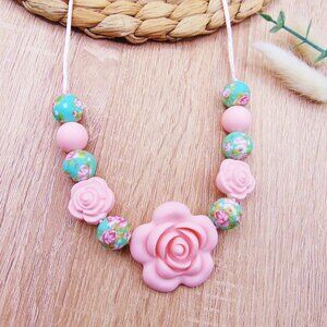Little Girls Floral Beaded Silicone Necklace Pink&Mint - W/Safety Clasp - NEW!
